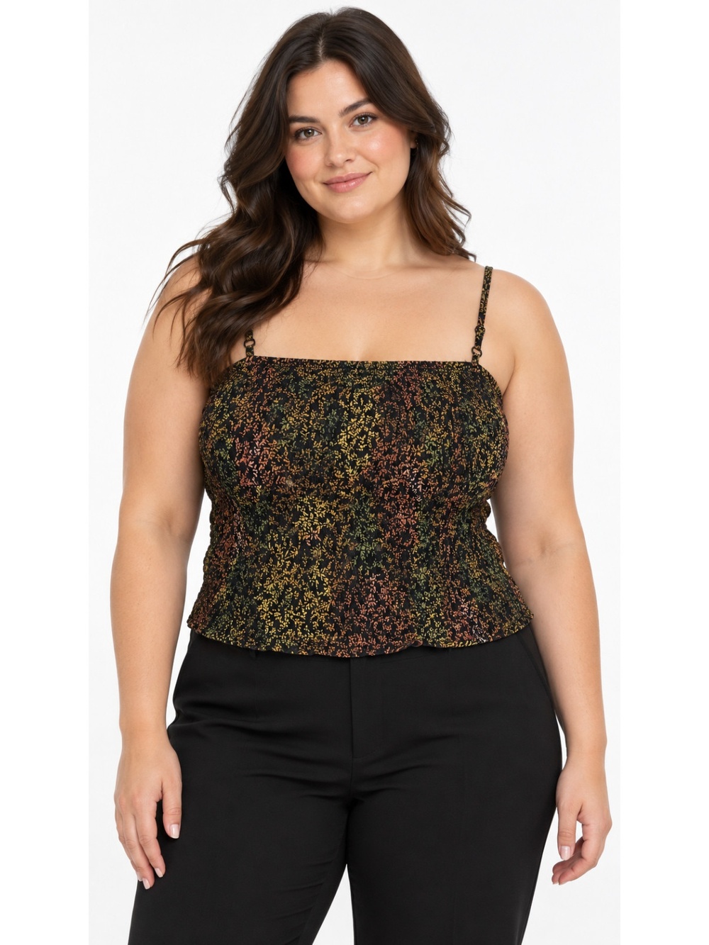 Suzy Shier Top Womens XL Black Floral Smocked Cami Adjustable Spaghetti Strap